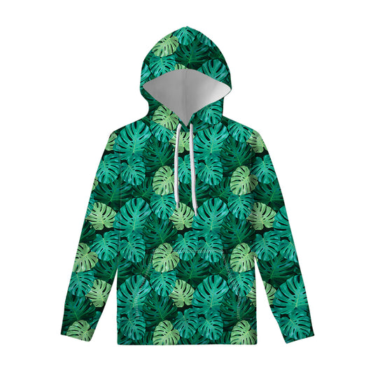 Green Tropical Monstera Pattern Print Pullover Hoodie