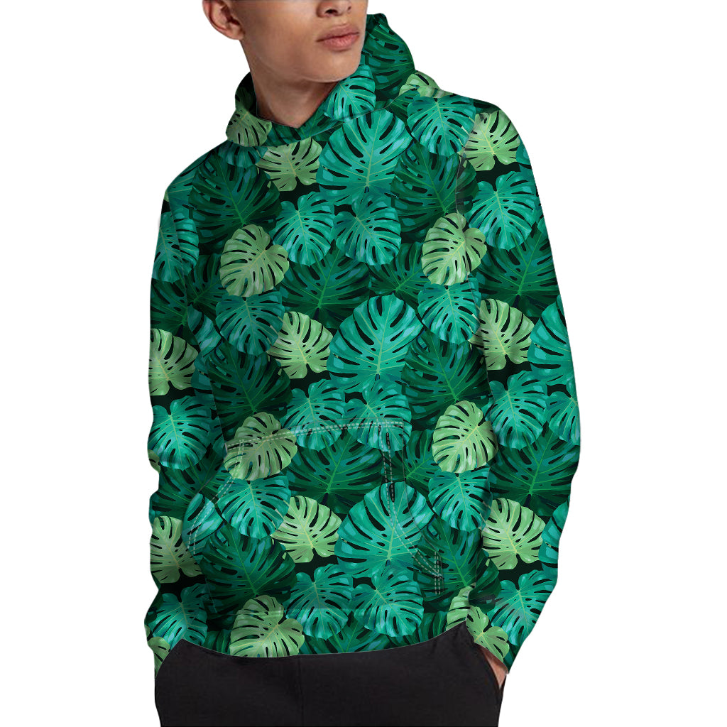 Green Tropical Monstera Pattern Print Pullover Hoodie