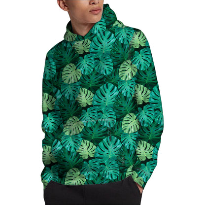 Green Tropical Monstera Pattern Print Pullover Hoodie