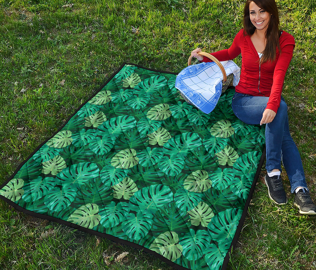 Green Tropical Monstera Pattern Print Quilt