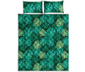 Green Tropical Monstera Pattern Print Quilt Bed Set