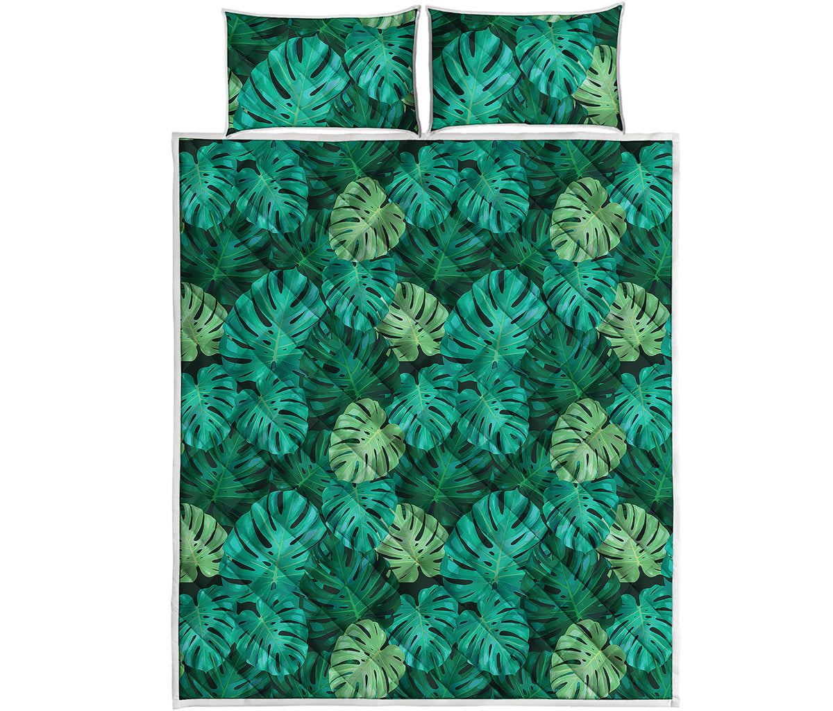 Green Tropical Monstera Pattern Print Quilt Bed Set