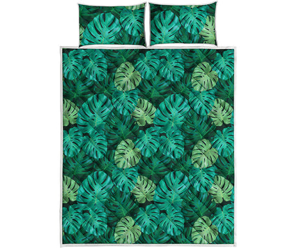 Green Tropical Monstera Pattern Print Quilt Bed Set