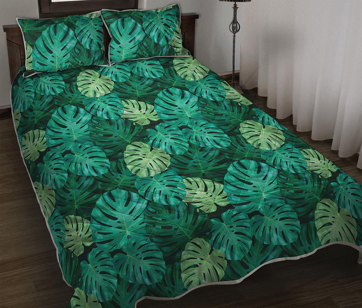 Green Tropical Monstera Pattern Print Quilt Bed Set