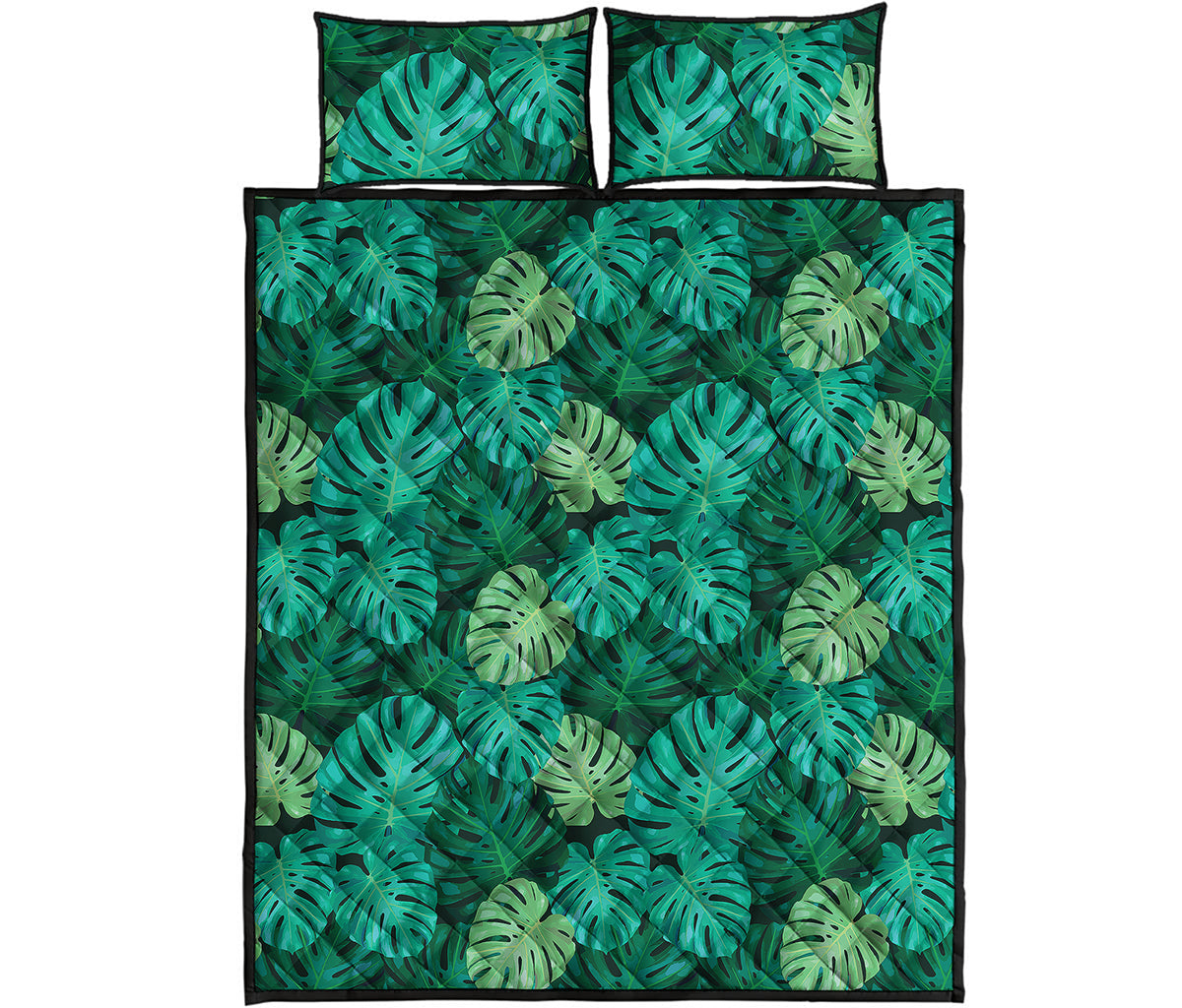 Green Tropical Monstera Pattern Print Quilt Bed Set