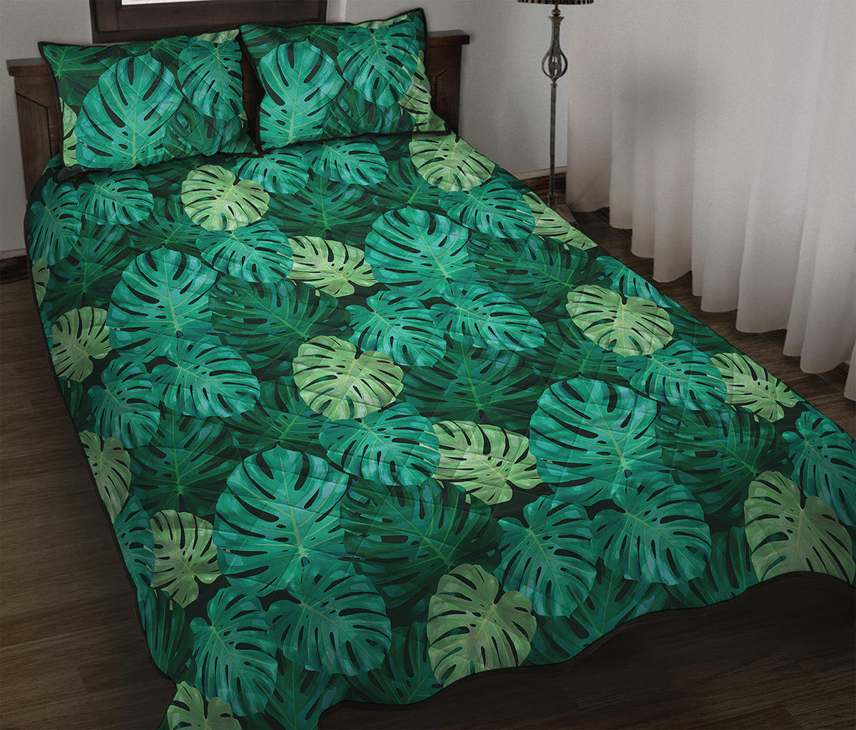 Green Tropical Monstera Pattern Print Quilt Bed Set