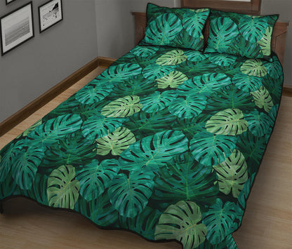 Green Tropical Monstera Pattern Print Quilt Bed Set