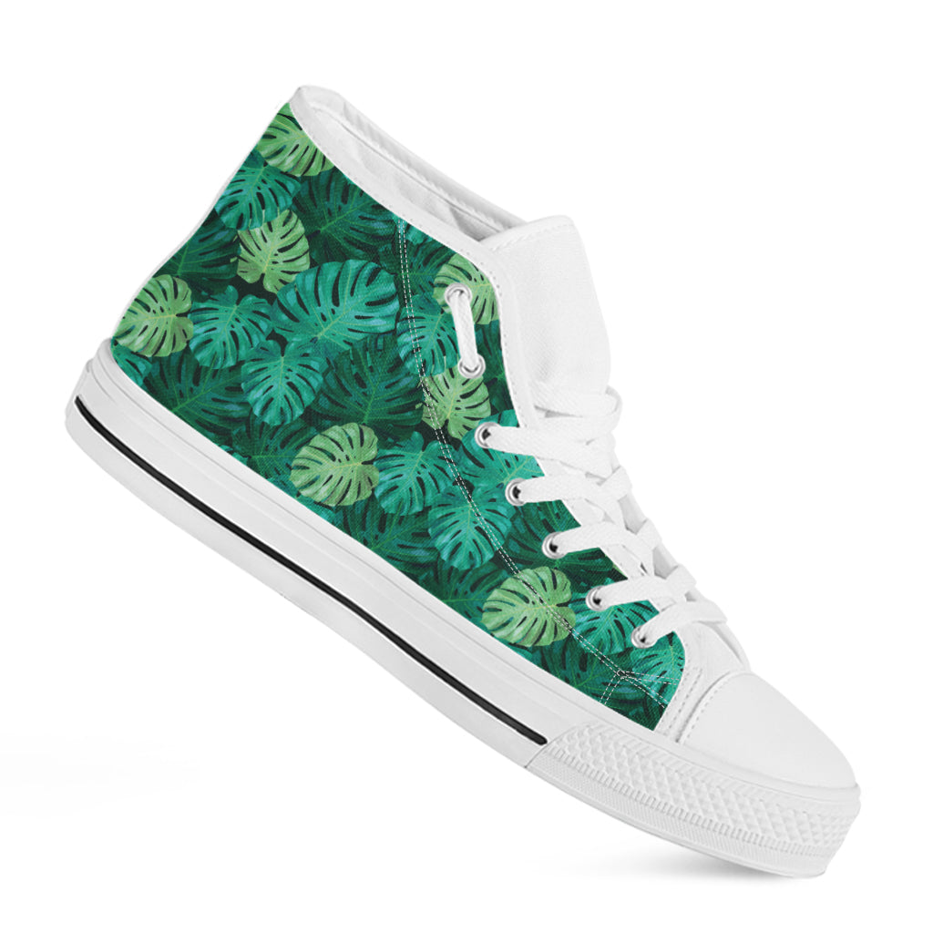 Green Tropical Monstera Pattern Print White High Top Shoes