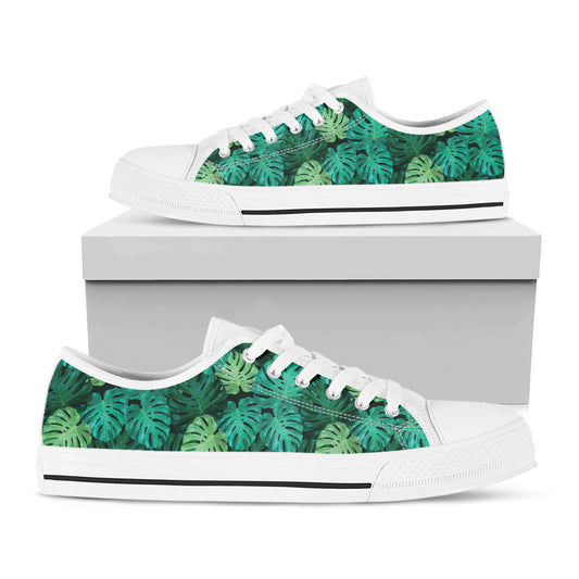 Green Tropical Monstera Pattern Print White Low Top Shoes