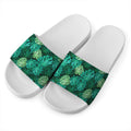 Green Tropical Monstera Pattern Print White Slide Sandals
