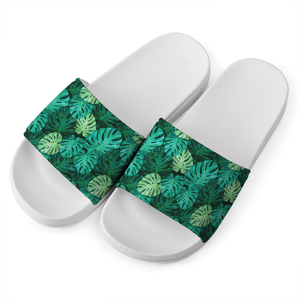 Green Tropical Monstera Pattern Print White Slide Sandals