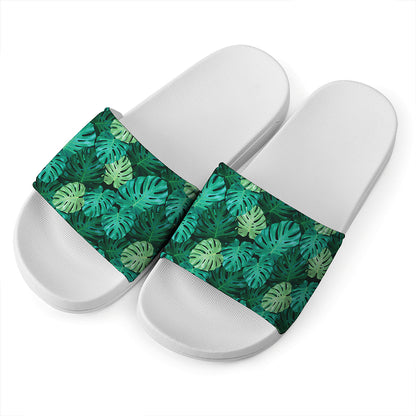 Green Tropical Monstera Pattern Print White Slide Sandals