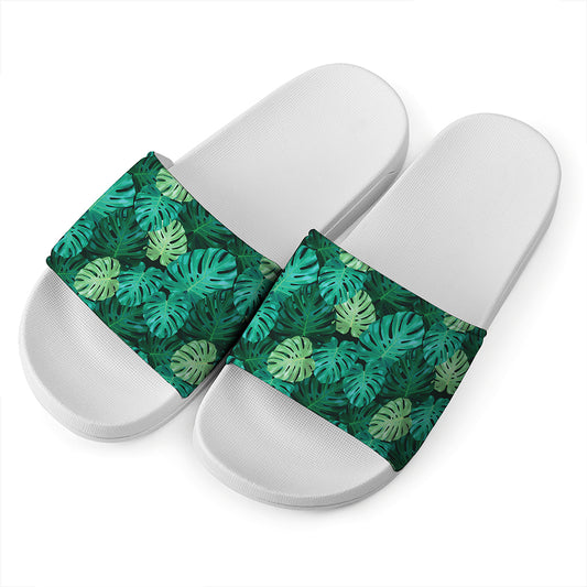Green Tropical Monstera Pattern Print White Slide Sandals