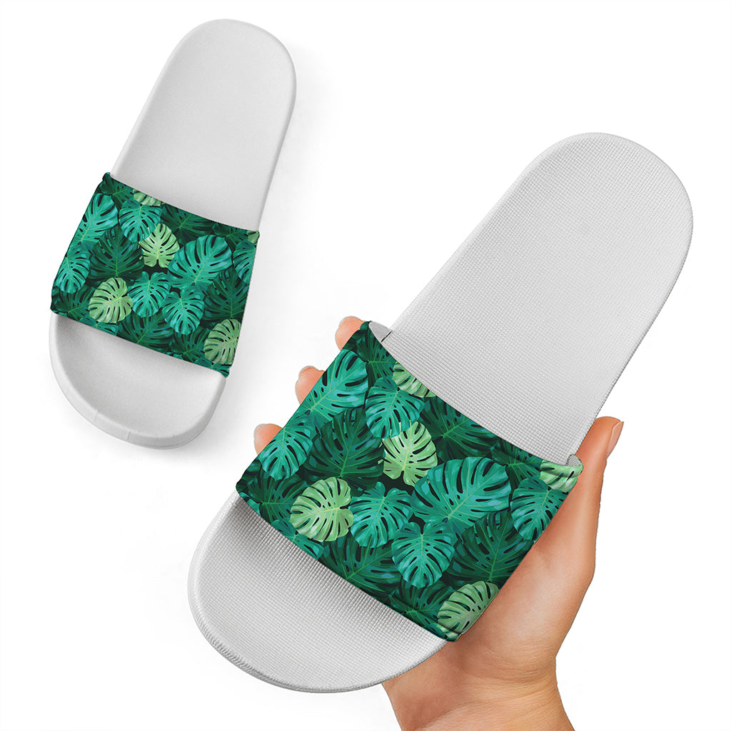 Green Tropical Monstera Pattern Print White Slide Sandals
