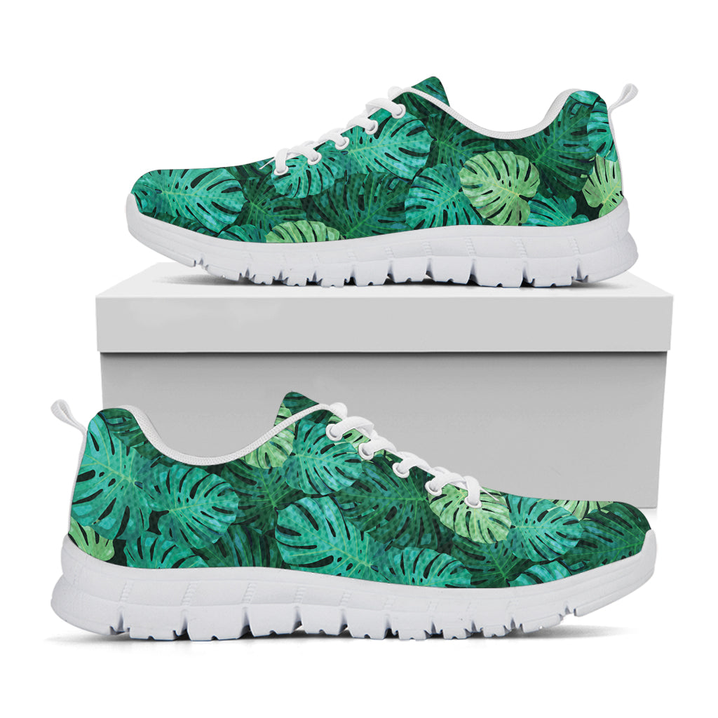 Green Tropical Monstera Pattern Print White Sneakers