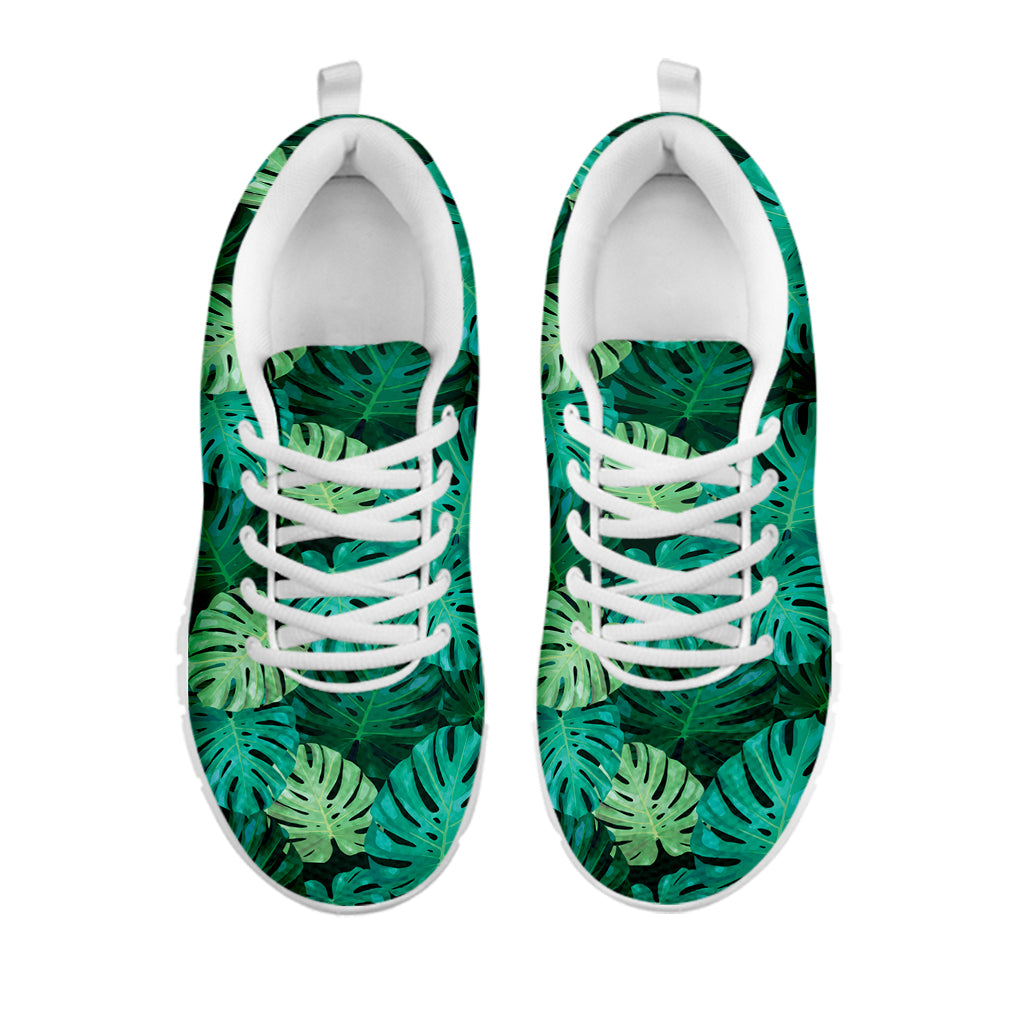Green Tropical Monstera Pattern Print White Sneakers