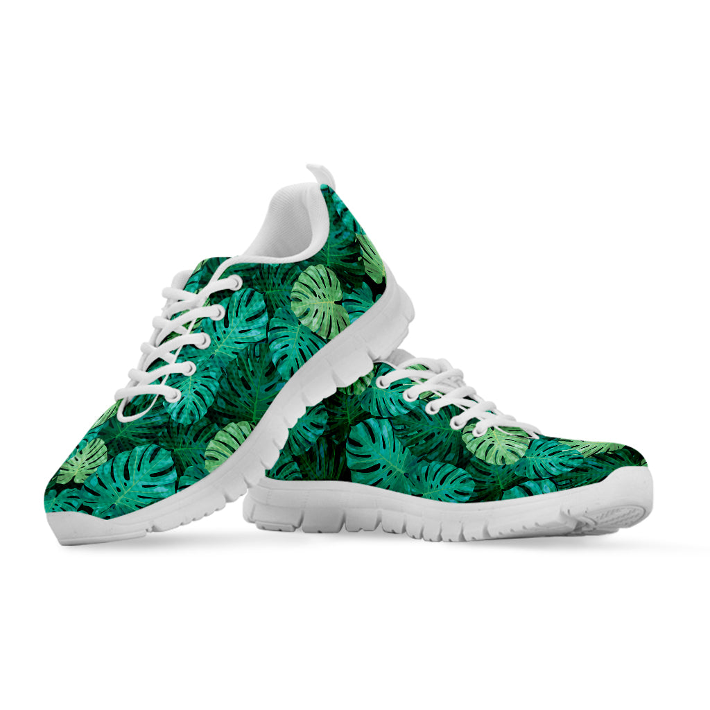 monstera shoes Green Tropical Monstera Pattern Print White Running Shoes