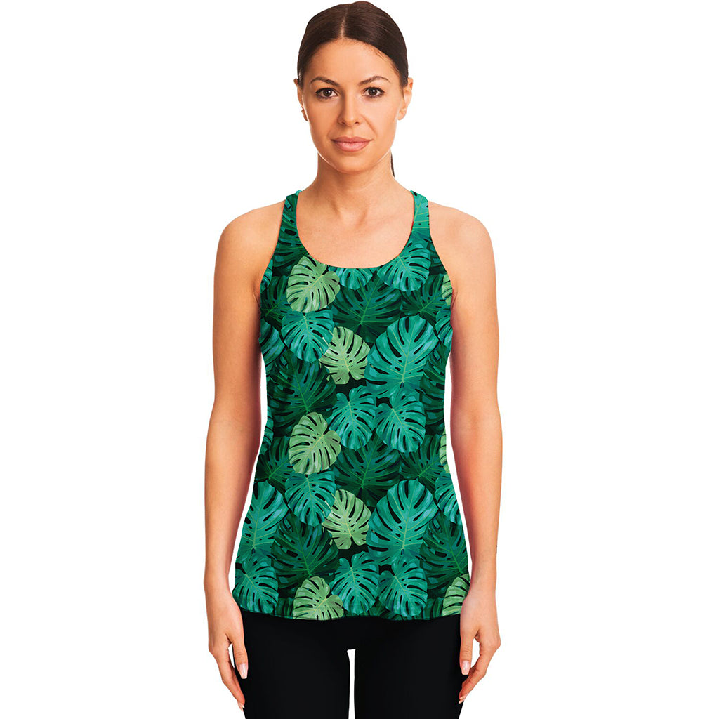 Green Tropical Monstera Pattern Print Women's Racerback Tank Top