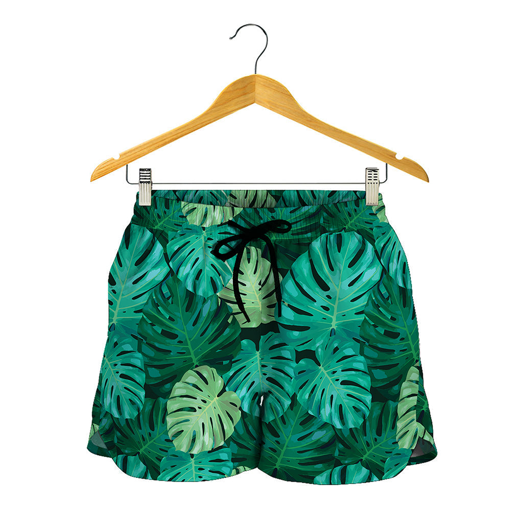 Green Tropical Monstera Pattern Print Women's Shorts