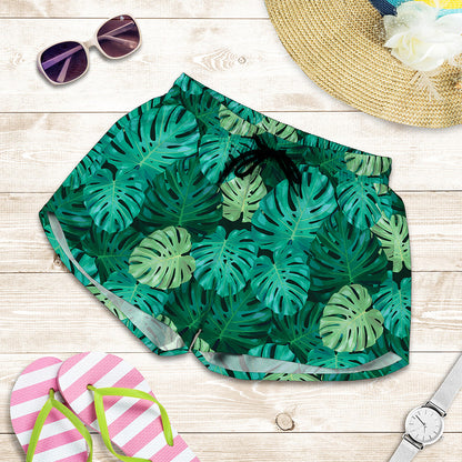 Green Tropical Monstera Pattern Print Women's Shorts
