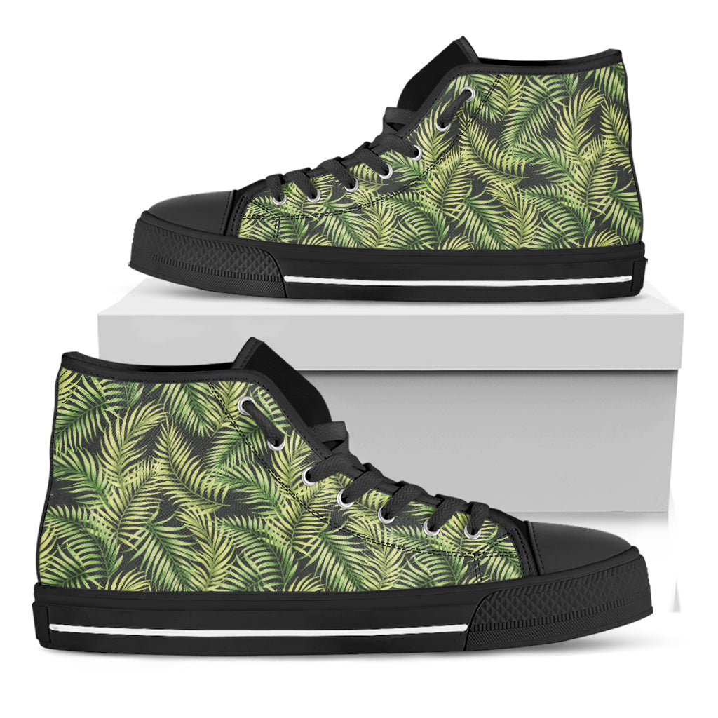 Green Tropical Palm Leaf Pattern Print Black High Top Shoes