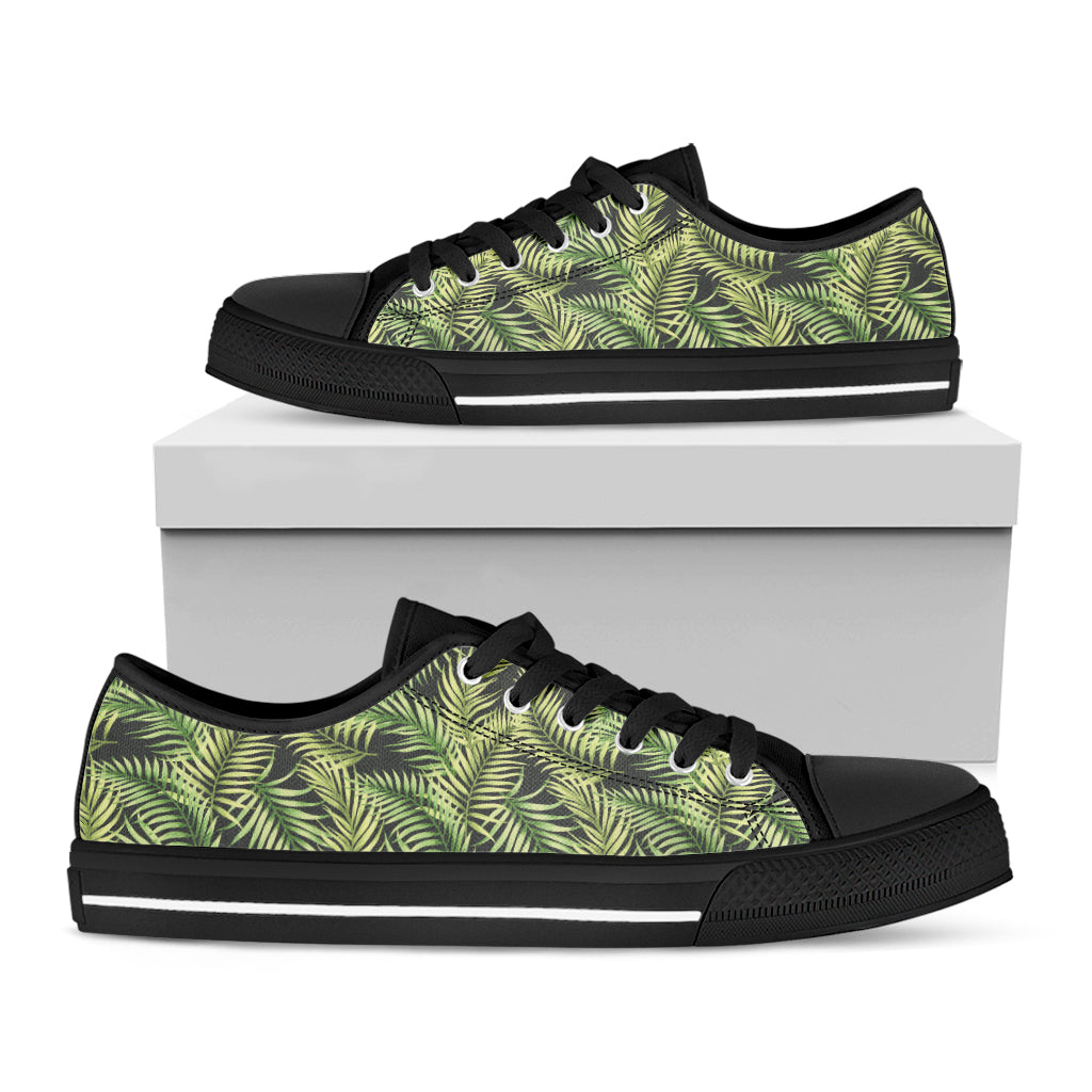 Green Tropical Palm Leaf Pattern Print Black Low Top Shoes