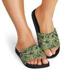 Green Tropical Palm Leaf Pattern Print Black Slide Sandals
