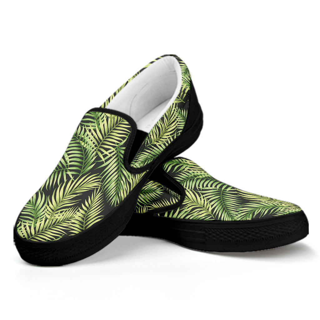 Green Tropical Palm Leaf Pattern Print Black Slip On Shoes