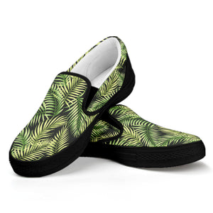 Green Tropical Palm Leaf Pattern Print Black Slip On Shoes