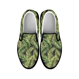 Green Tropical Palm Leaf Pattern Print Black Slip On Shoes