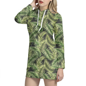 Green Tropical Palm Leaf Pattern Print Hoodie Dress