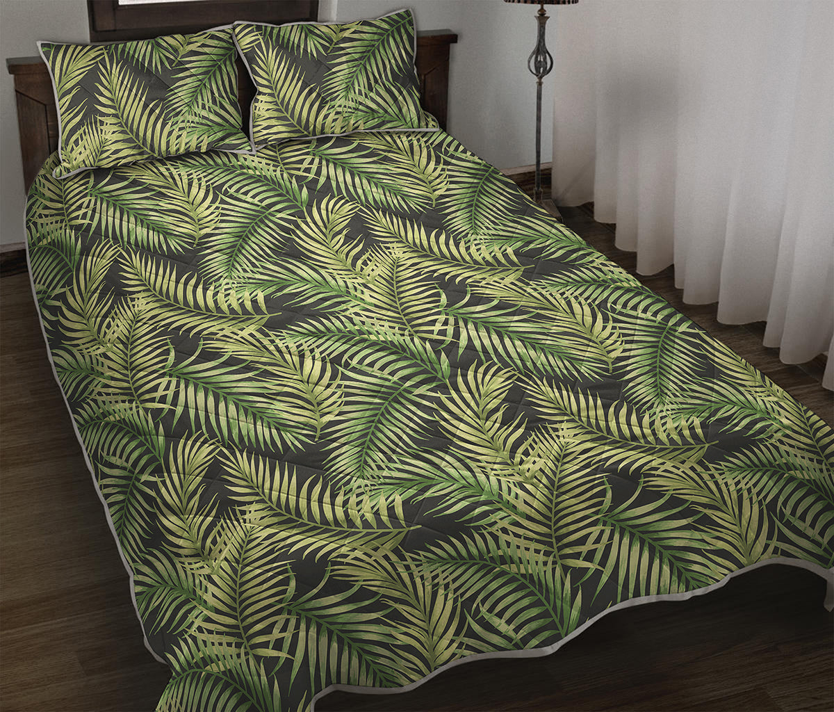 Green Tropical Palm Leaf Pattern Print Quilt Bed Set