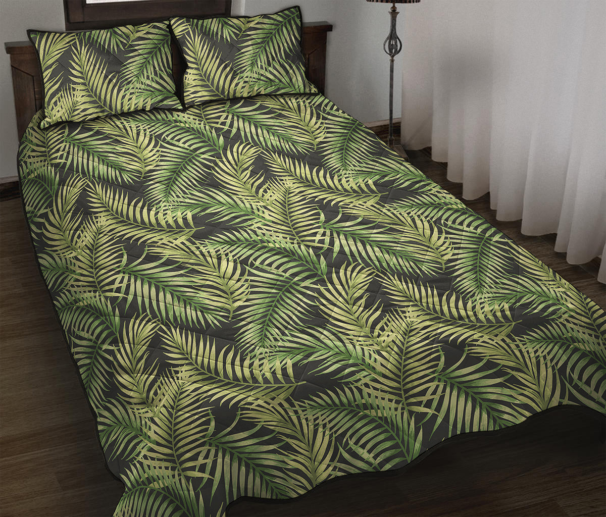 Green Tropical Palm Leaf Pattern Print Quilt Bed Set