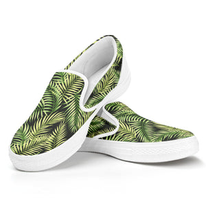 Green Tropical Palm Leaf Pattern Print White Slip On Shoes