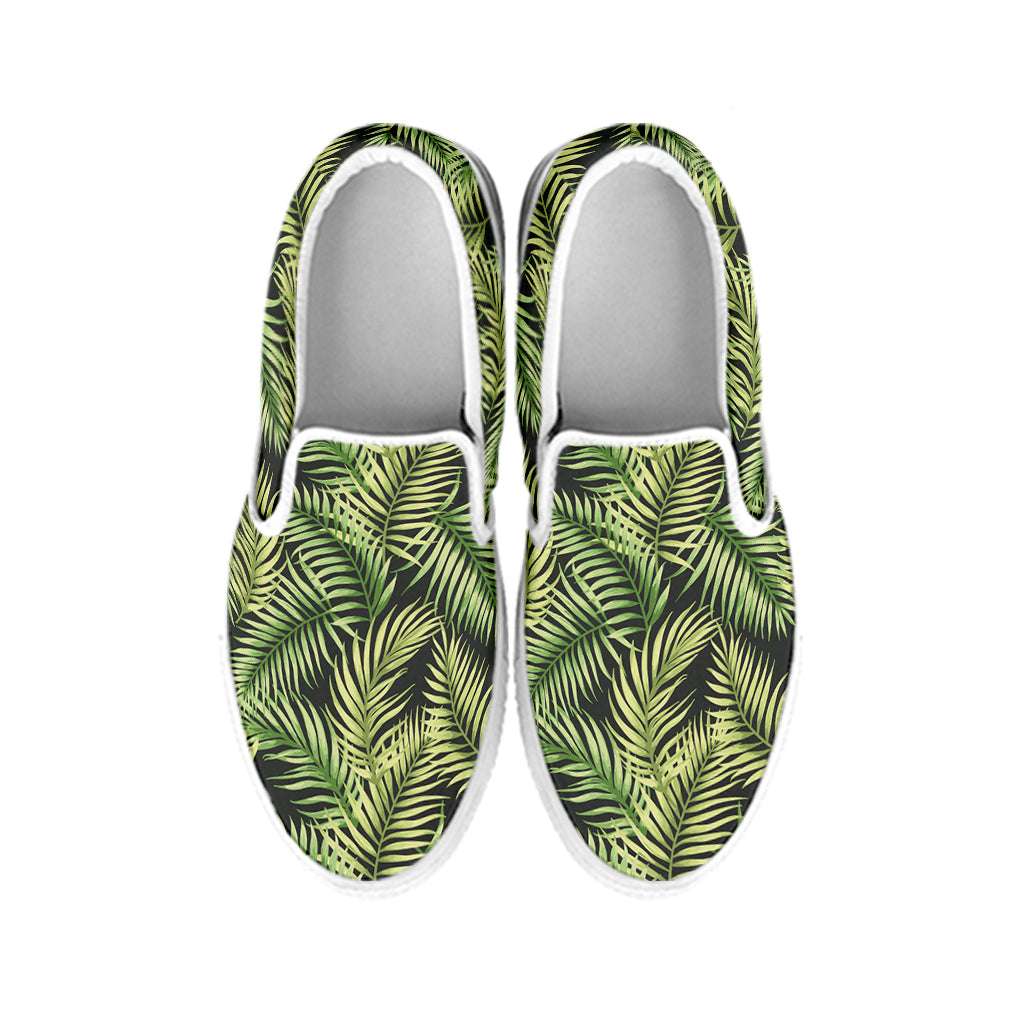 Green Tropical Palm Leaf Pattern Print White Slip On Shoes