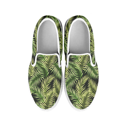 Green Tropical Palm Leaf Pattern Print White Slip On Shoes