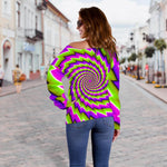 Green Twisted Moving Optical Illusion Off Shoulder Sweatshirt GearFrost