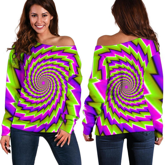 Green Twisted Moving Optical Illusion Off Shoulder Sweatshirt GearFrost