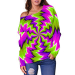 Green Vortex Moving Optical Illusion Off Shoulder Sweatshirt GearFrost