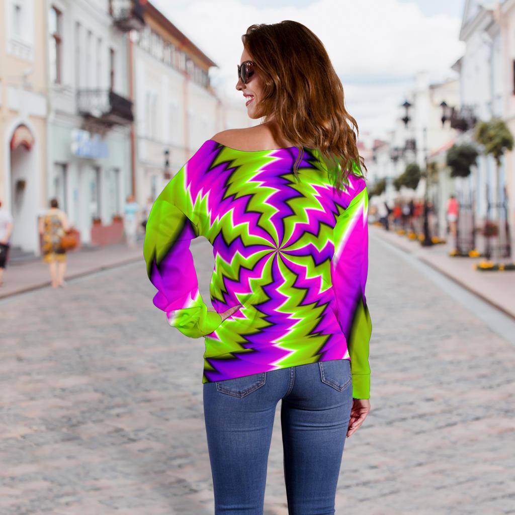 Green Vortex Moving Optical Illusion Off Shoulder Sweatshirt GearFrost