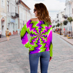 Green Vortex Moving Optical Illusion Off Shoulder Sweatshirt GearFrost