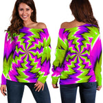 Green Vortex Moving Optical Illusion Off Shoulder Sweatshirt GearFrost