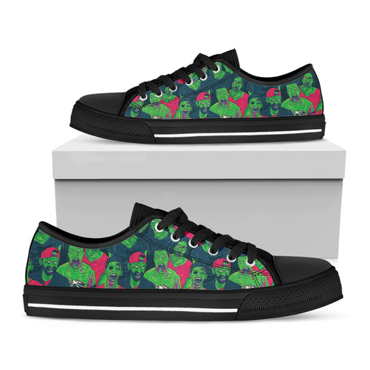 Green Walking Zombie Print Black Low Top Shoes