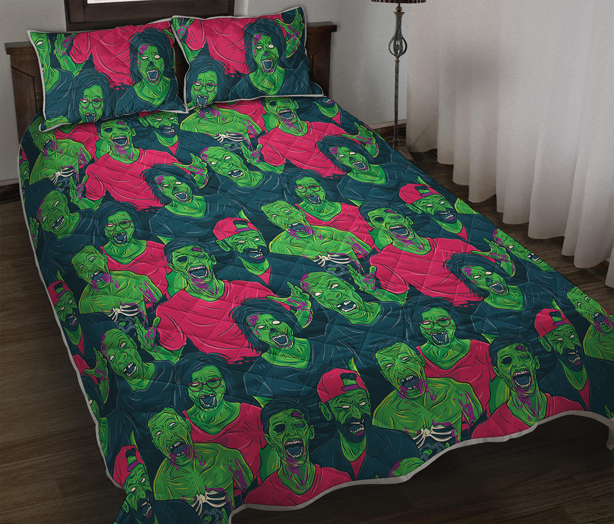 Green Walking Zombie Print Quilt Bed Set