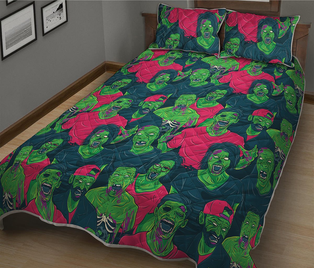 Green Walking Zombie Print Quilt Bed Set
