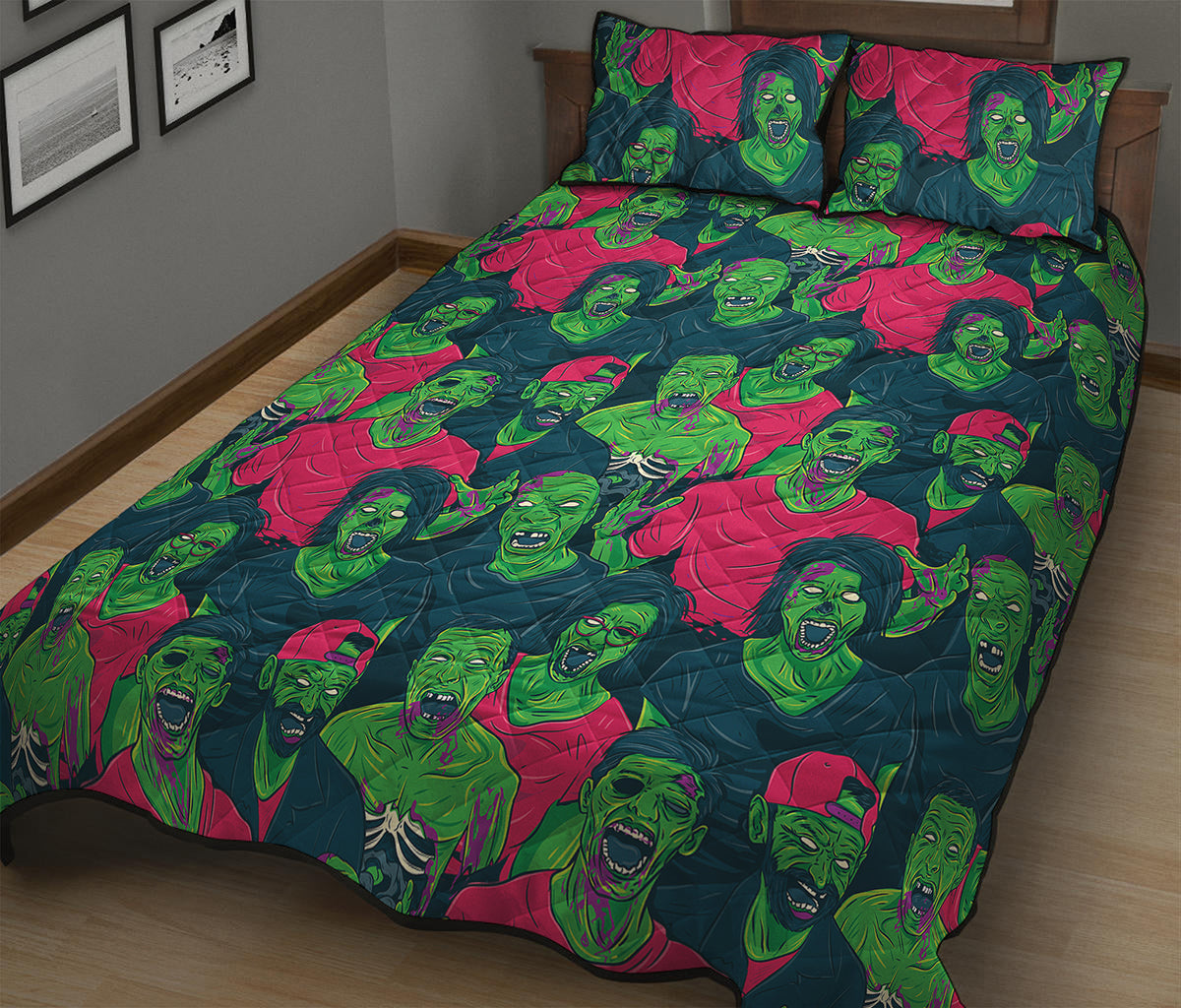 Green Walking Zombie Print Quilt Bed Set