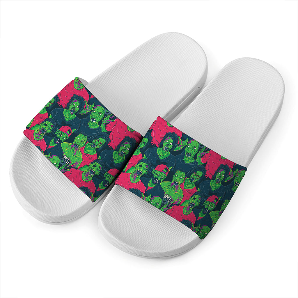 Green Walking Zombie Print White Slide Sandals