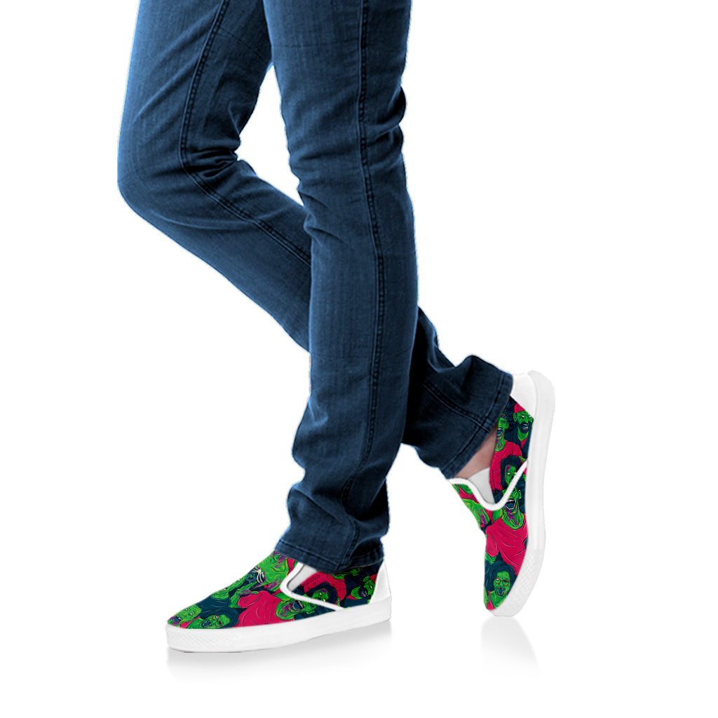 Green Walking Zombie Print White Slip On Shoes