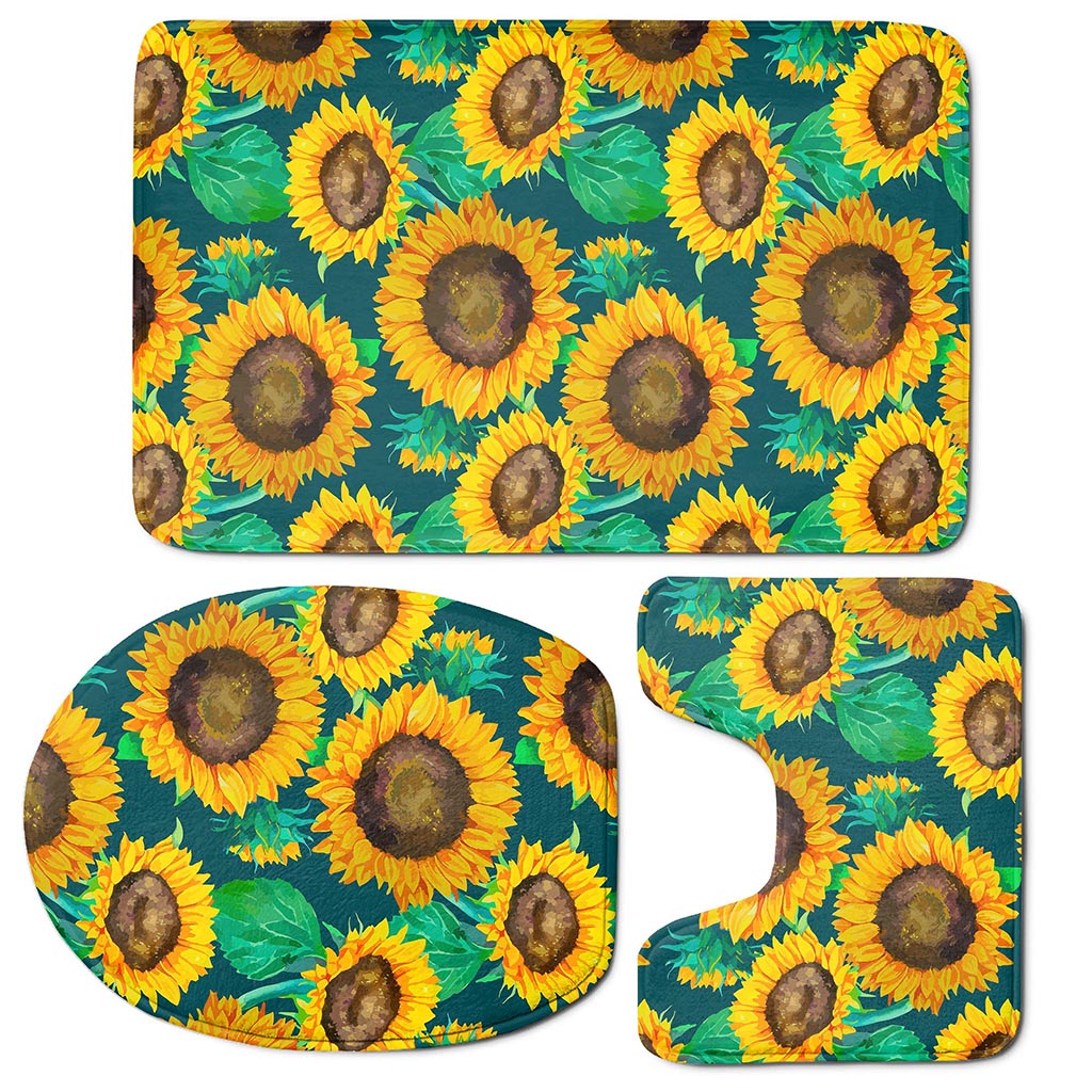 Green Watercolor Sunflower Pattern Print 3 Piece Bath Mat Set