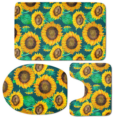 Green Watercolor Sunflower Pattern Print 3 Piece Bath Mat Set